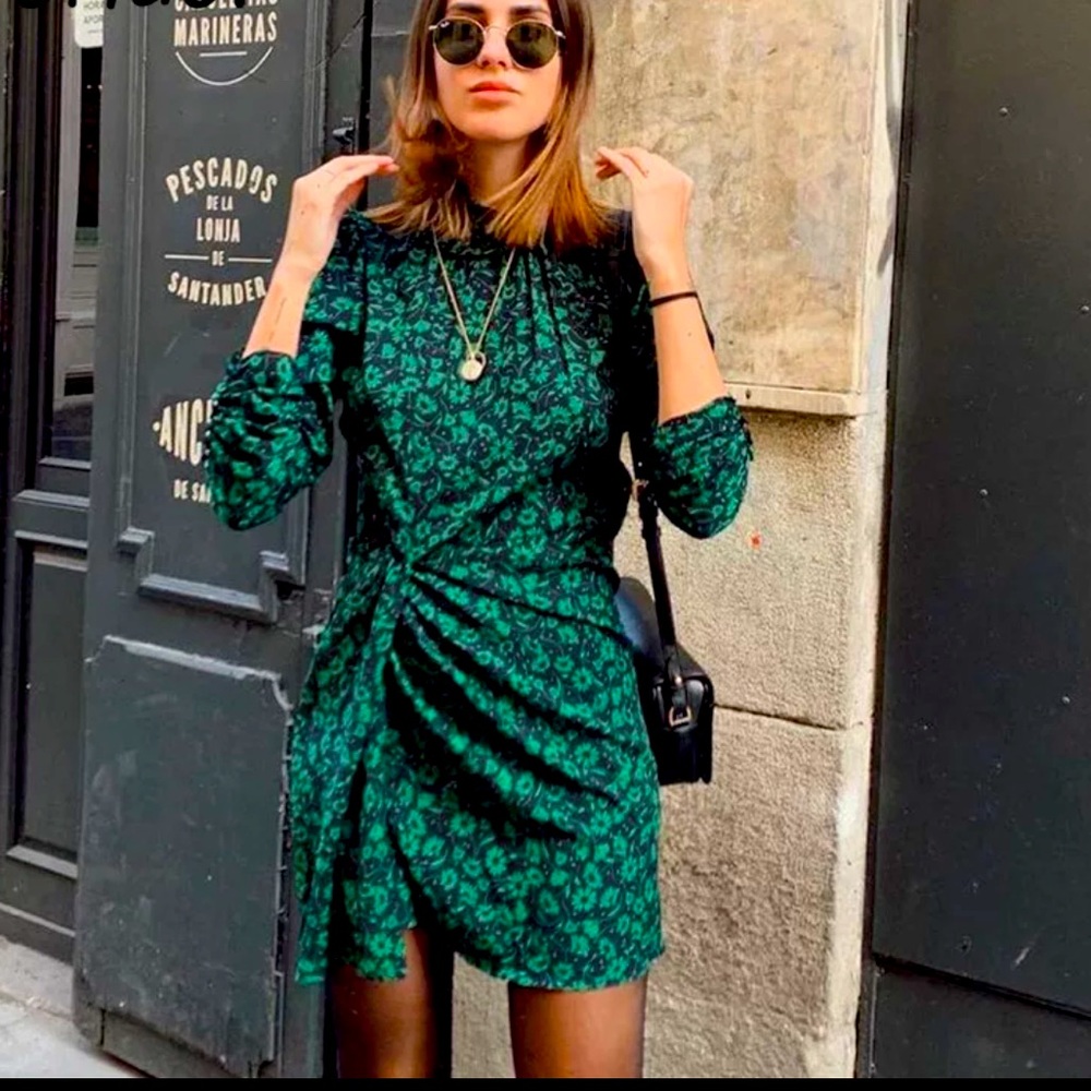 NEW Green vintage free floral Dress boho people mini Alexa Chung longsleeve